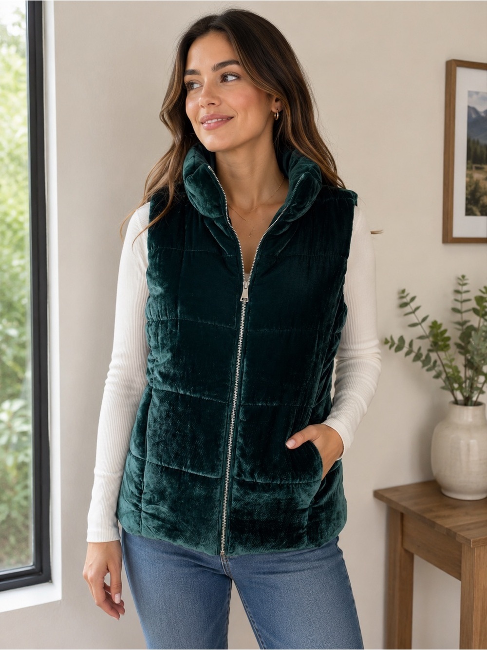 LOFT Women's Green Velvet Quilted Puffer Vest Full Zip Size Small